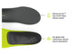 Top view of Superfeet Active Support Low Arch left foot insole with Moisturewick(tm) top cover helps reduce odors and bottom view of right insole with sculpted heel maximizes natural shock absorption